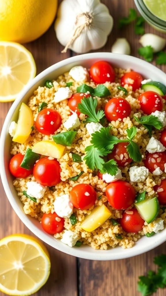 A colorful bowl of quinoa salad with tomatoes, cucumber, parsley, and feta cheese on a wooden table.